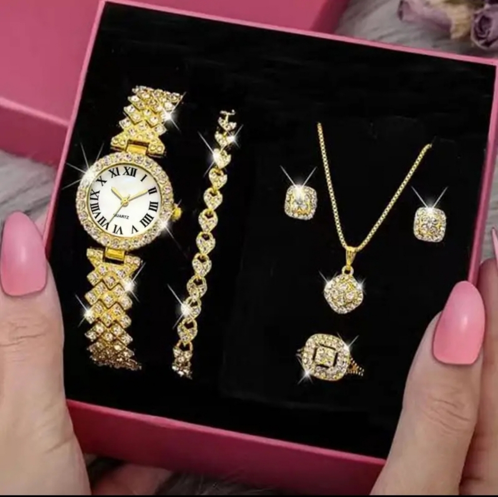 6pcs Rhinestone Watch and Jewelry Set in Gold